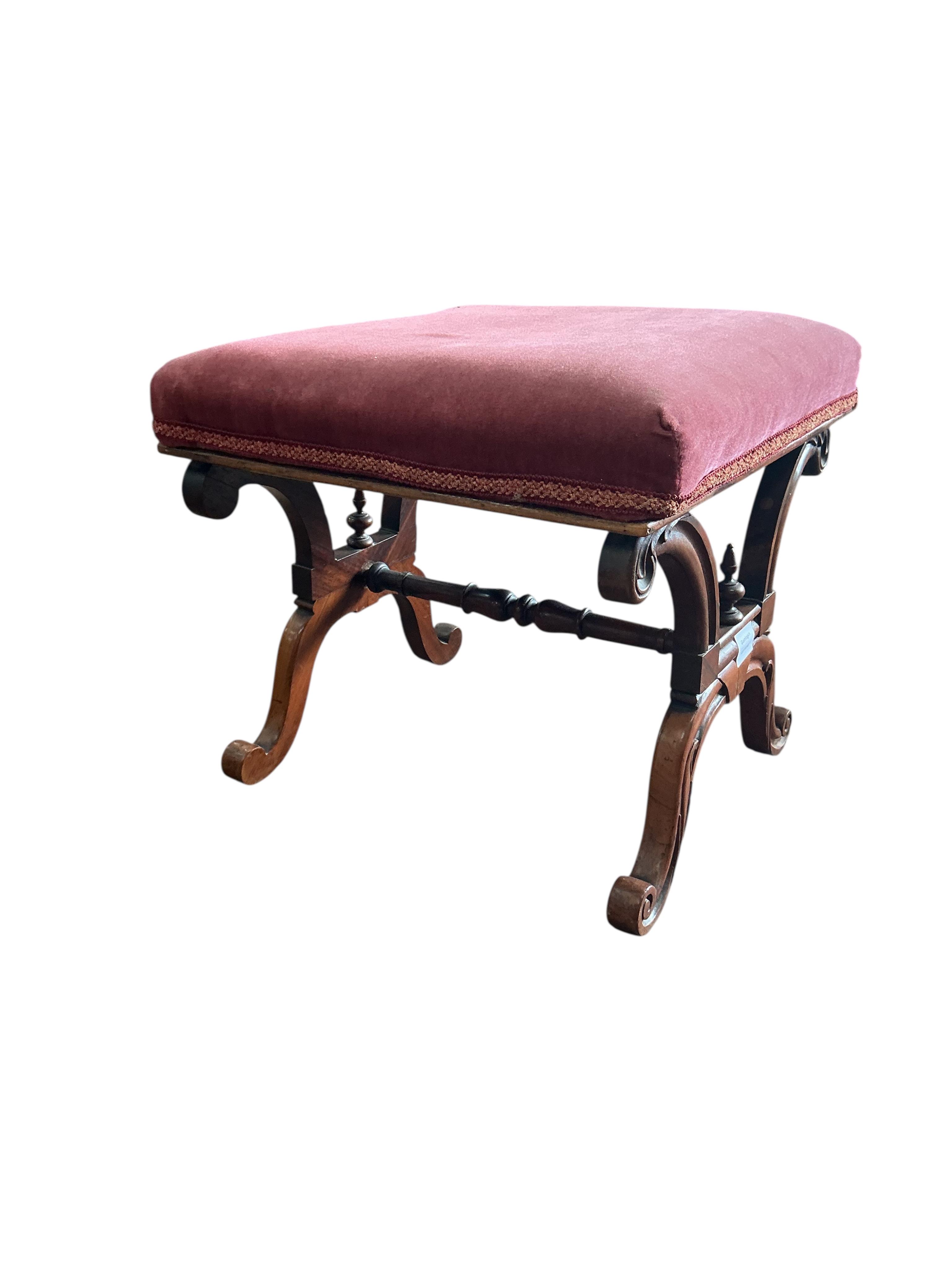 A Victorian rosewood X frame dressing stool, width 46cm, height 43cm.